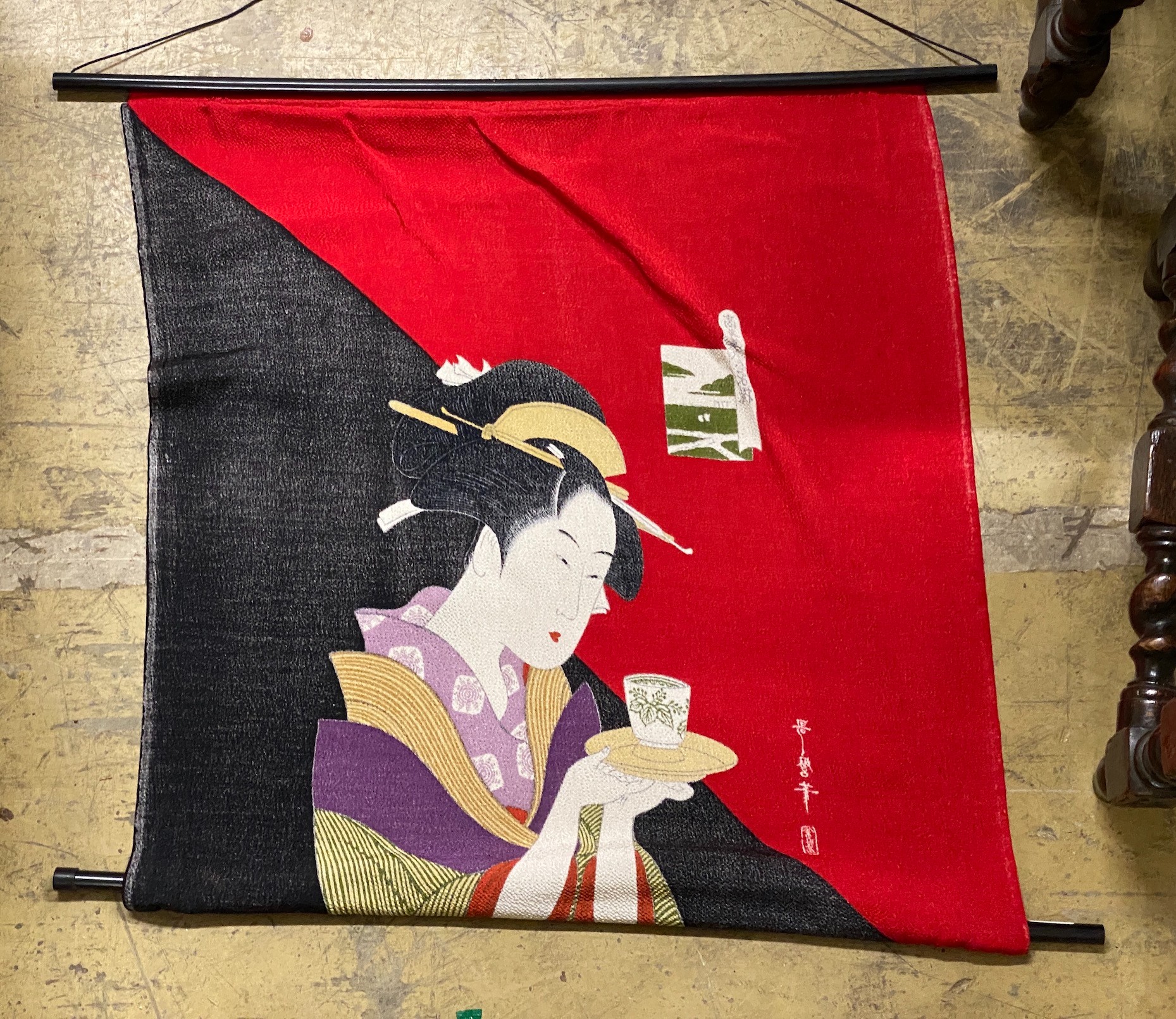 A quilted wall hanging and two others, largest 134cm, height 130cm